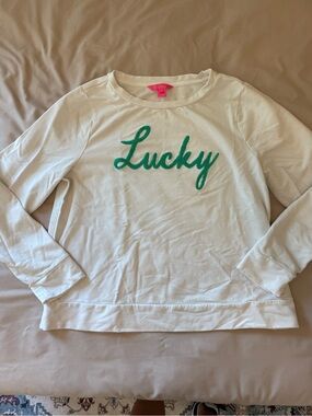 Lilly Pulitzer White Rami Sweatshirt with Green "Lucky" Script